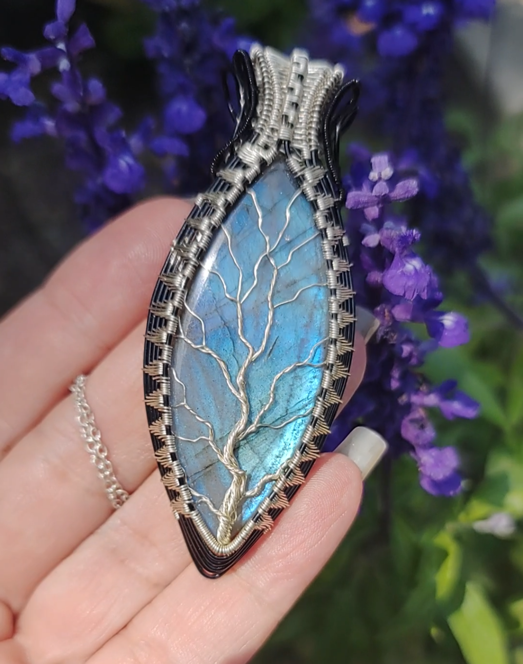 Tree of Life Pendant with a blue high flash labradorite