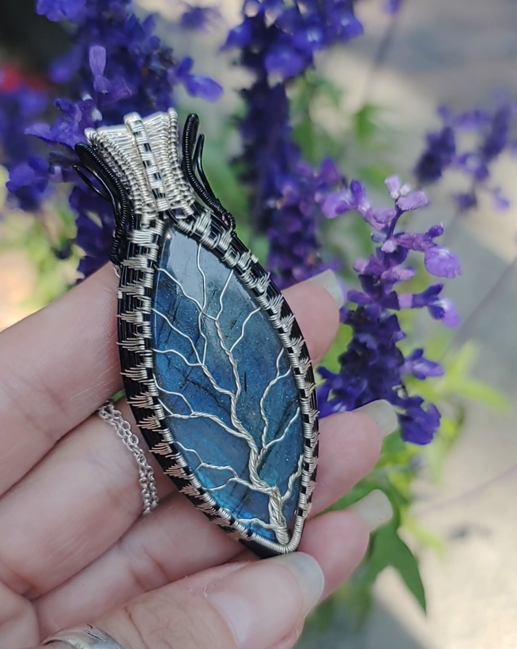 Tree of Life Pendant with a blue high flash labradorite