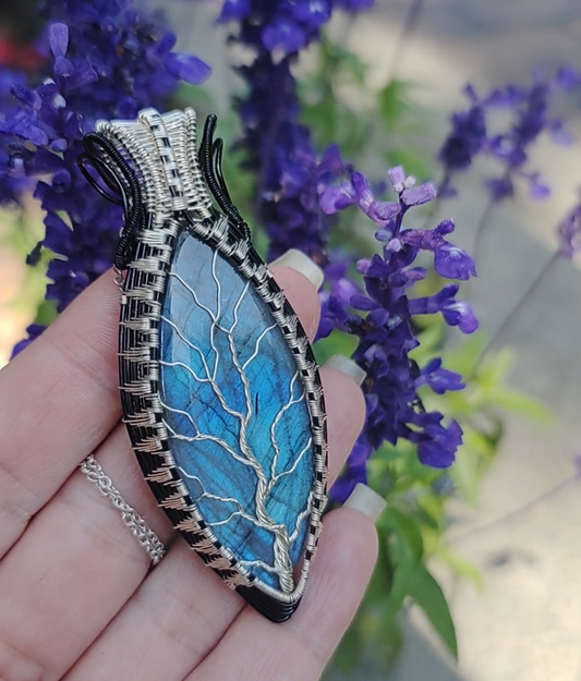 Tree of Life Pendant with a blue high flash labradorite