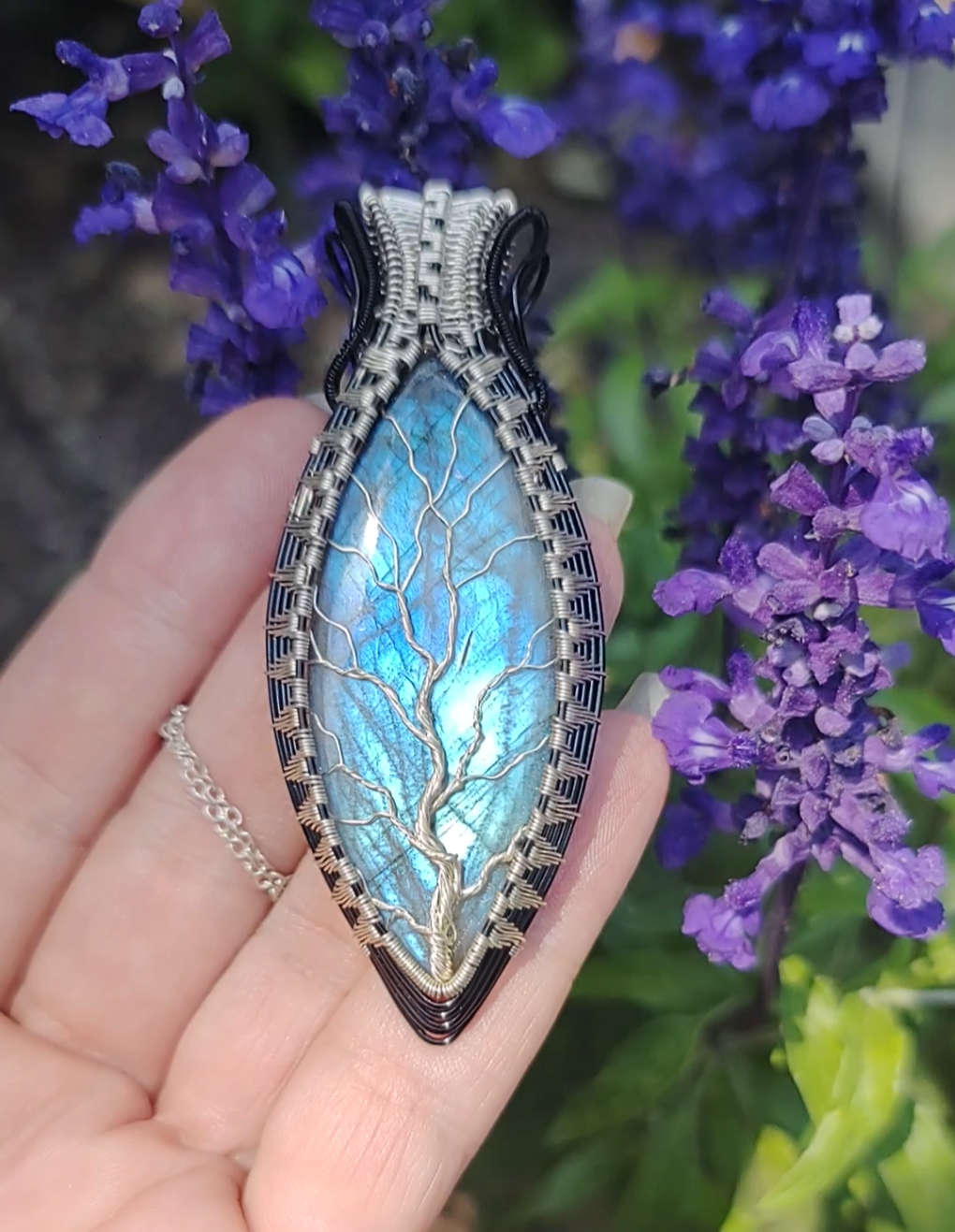 Tree of Life Pendant with a blue high flash labradorite