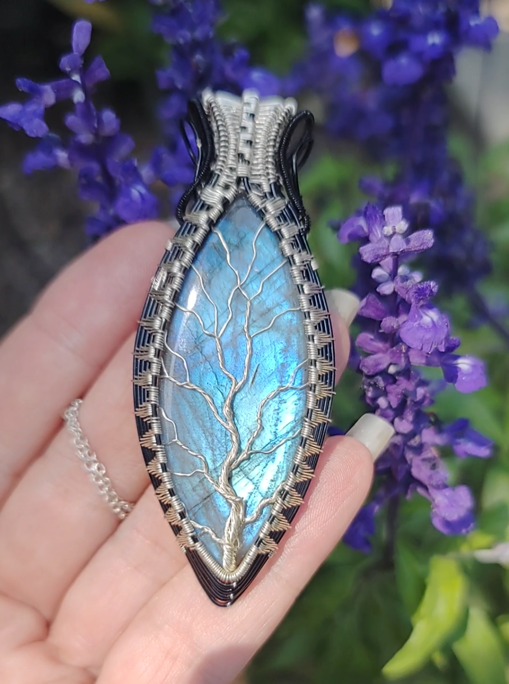 Tree of Life Pendant with a blue high flash labradorite