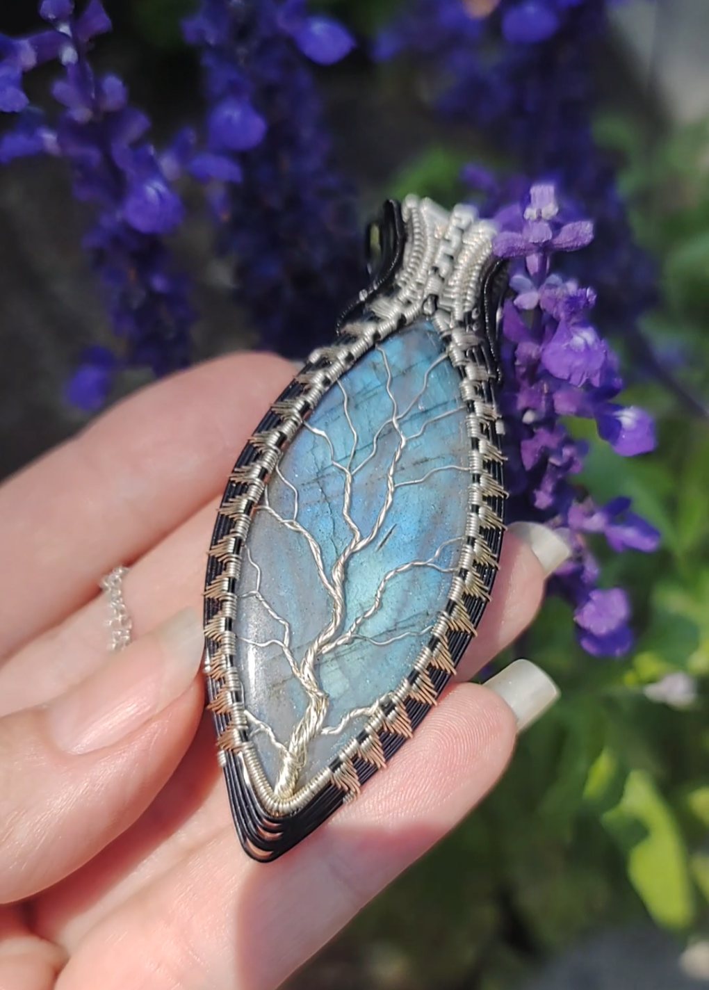 Tree of Life Pendant with a blue high flash labradorite