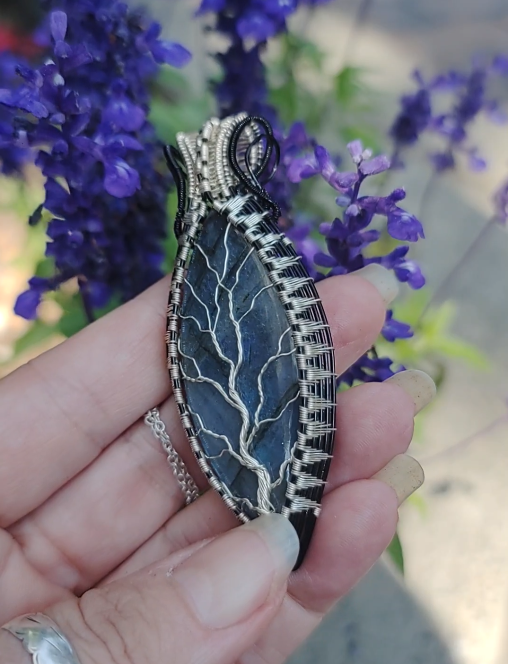 Tree of Life Pendant with a blue high flash labradorite