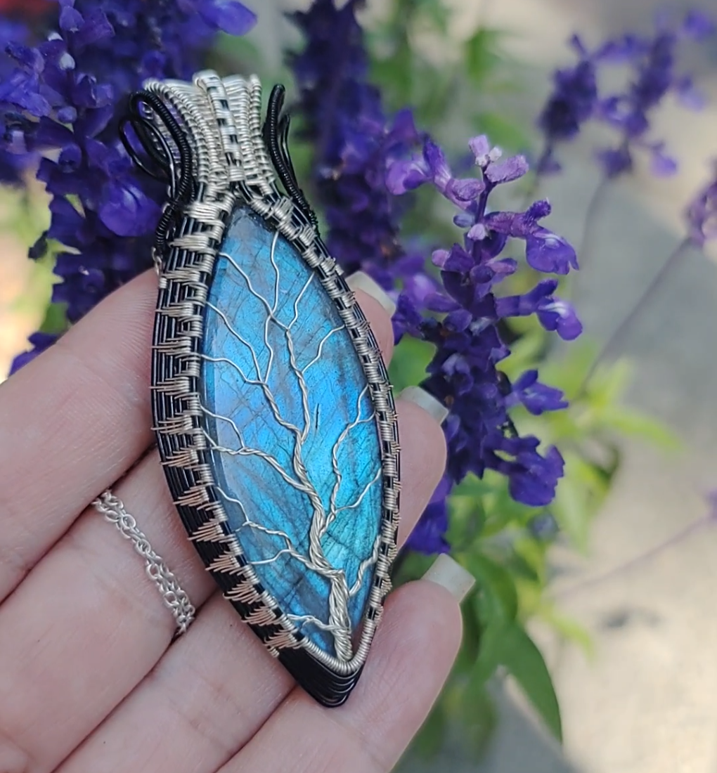 Tree of Life Pendant with a blue high flash labradorite
